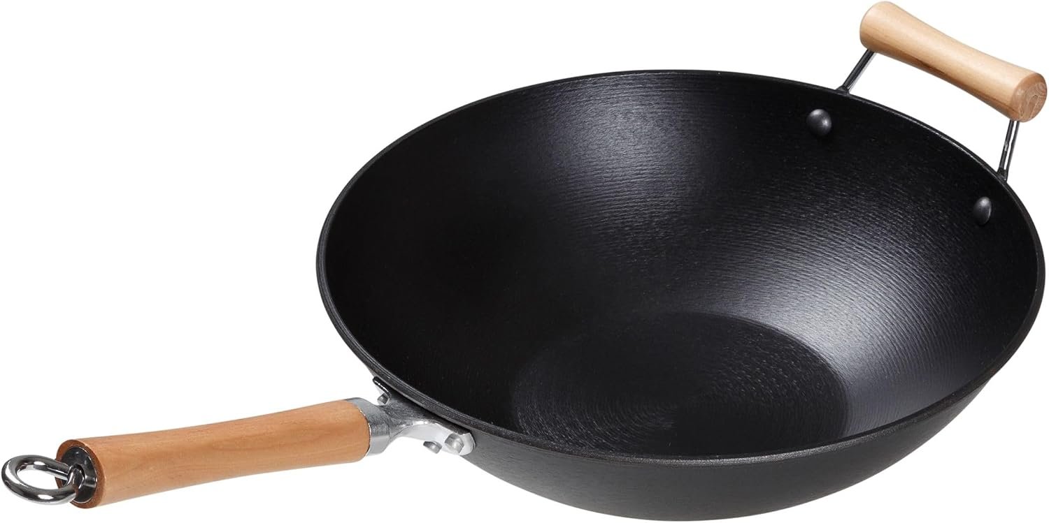 Professional Cast Iron Wok with Maple Handle